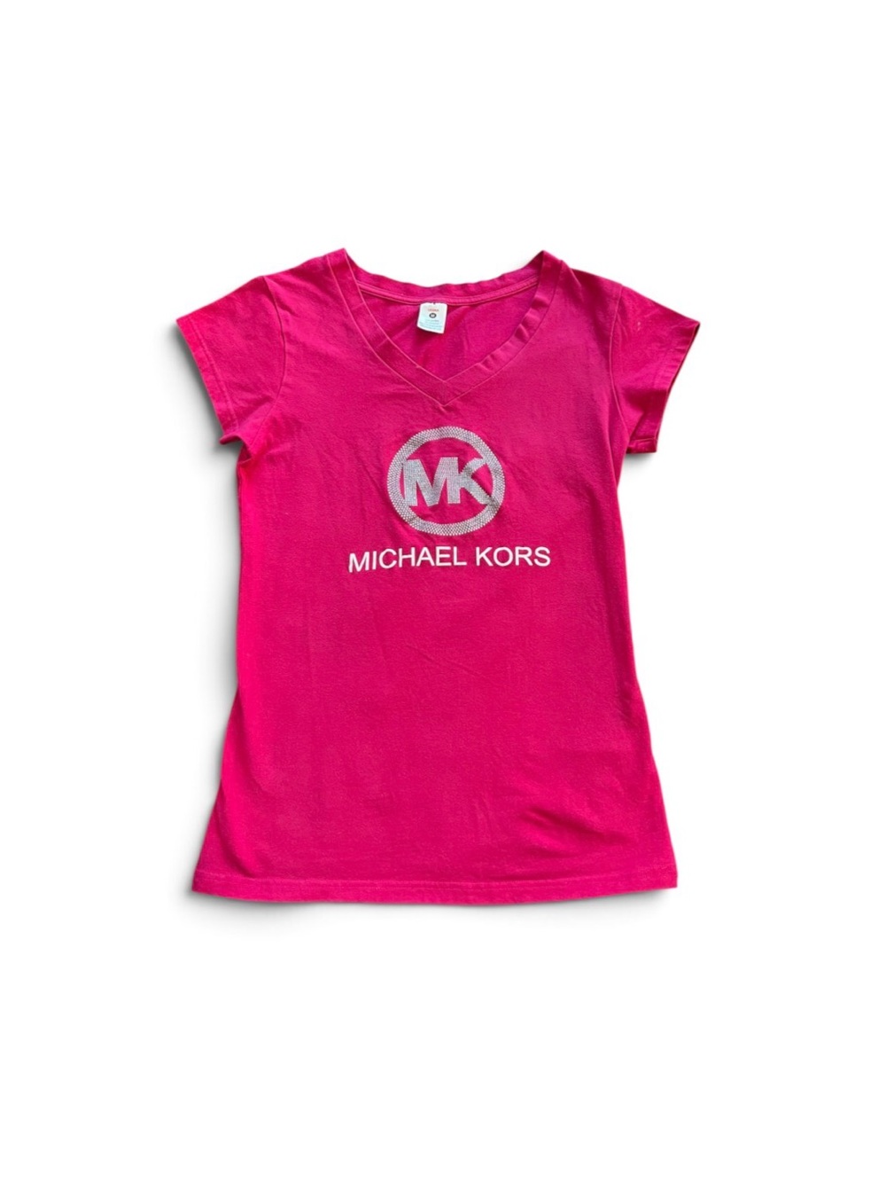 Michael Kors Girls Bright Pink V-Neck Tee with Metallic MK Logo